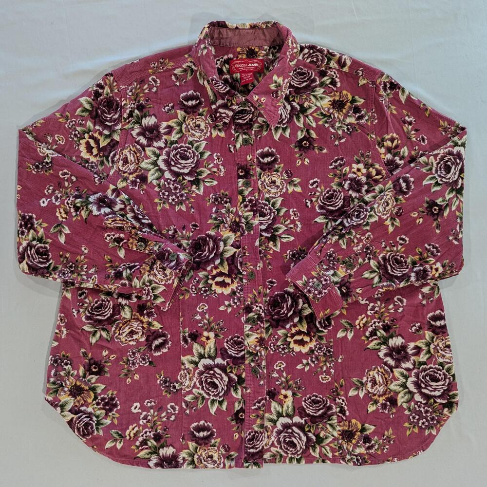 Venezia Jeans Shirt Womens Plus 22/24 Pink Floral Corduroy Button Up Casual